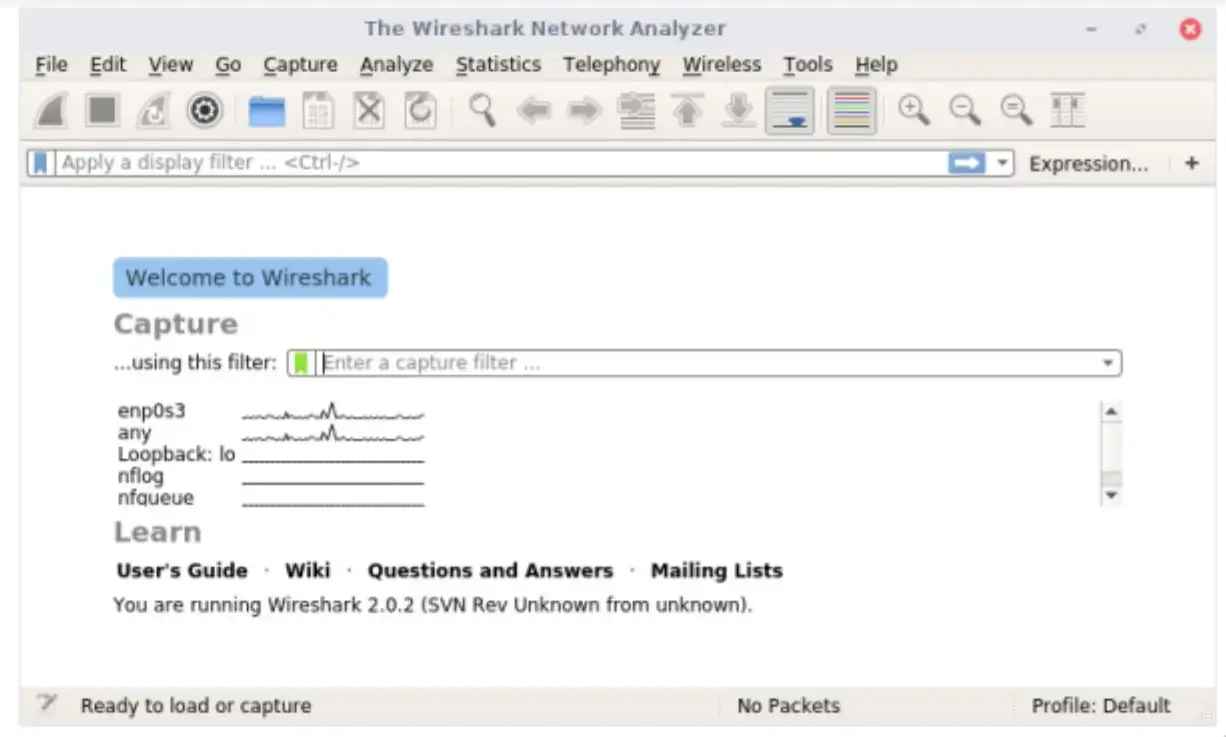 Screenshot showing the wireshark network analyzer for protocol analysis